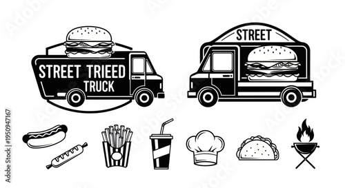 Black and White Line Art Food Trucks and Fast Food Icons
