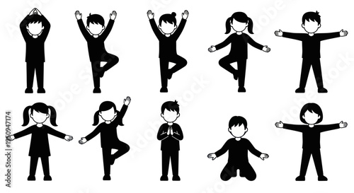 Black  White Children Yoga Poses Vector Icons