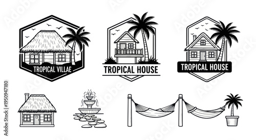 Tropical House and Villa Icons with Hammocks and Fountain - Line Art