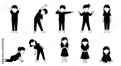 Black and White Kids Exercising Silhouette, Vector Illustration