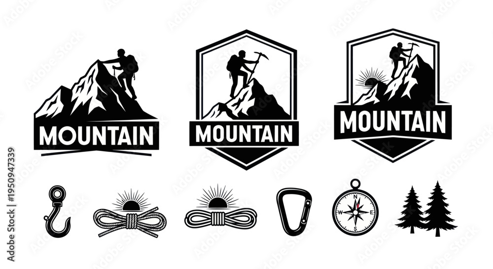 Fototapeta premium Mountain Climbing Logos, Icons and Symbols - Black and White Vector Art