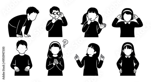 Black  White Vector Icons of Children Posing Thoughtful or Questioning