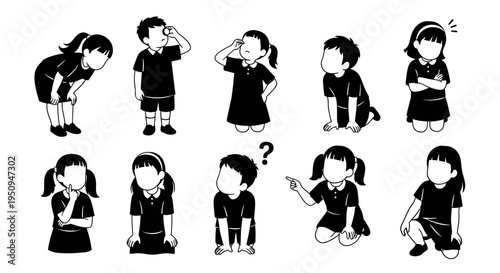 Black and White Line Art Kids Poses and Emotions, Vector Icons