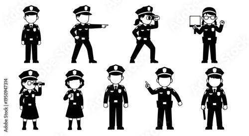 Black and White Police Officers Icons Set