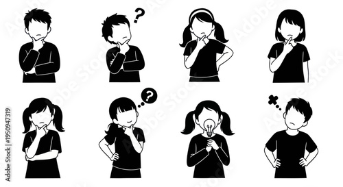 Children Thinking, Questioning, Idea, Doubt, Black and White Vector Icons