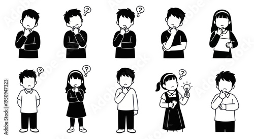 Black and White Line Art Icons of Children Thinking, Questioning, Ideas