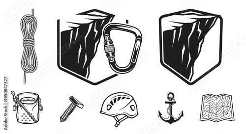Black and White Vector Icons of Climbing and Adventure Gear
