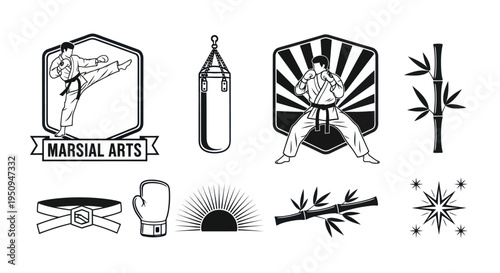Black and White Martial Arts Icons: Karate Fighter, Punching Bag, Belt, Glove, Bamboo