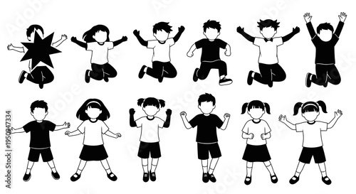 Black and White vector silhouettes of joyful children jumping and playing