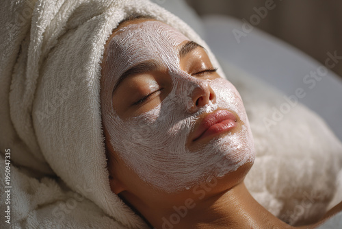 Facial mask treatment on woman with towel wrapped around head, relaxing with eyes closed in spa environment, enjoying skincare and self care routine