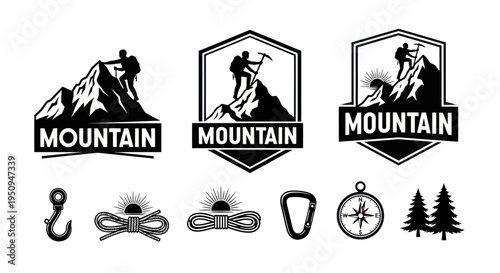 Mountain Climbing Logos, Icons and Symbols - Black and White Vector Art