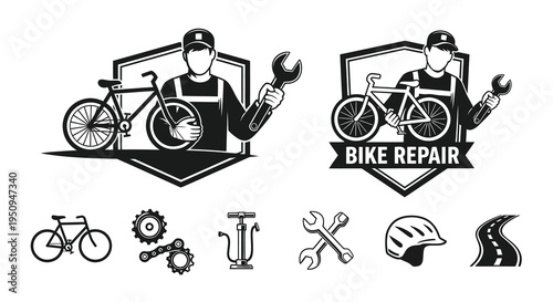 Bike Repair Logo Black and White Line Art Mechanic Bike Icons