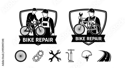 Bike Repair Logos: Mechanics, Bicycle, Wrench, Helmet, Road, Pump