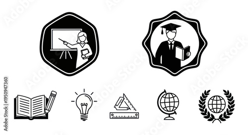 Education Icons Set: Teacher, Graduate, Book, Lightbulb, Ruler, Globe, Laurel Wreath