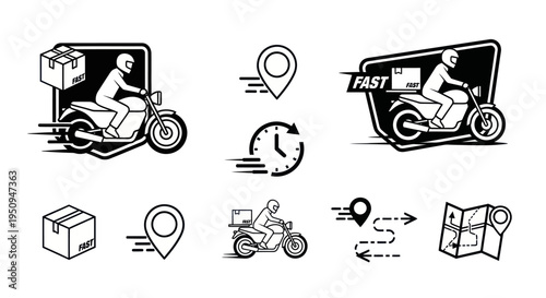 Fast Motorcycle Delivery Icons, Black and White Line Art