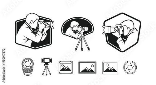 Photographer Icon Set Black  White Line Art for Photography Business