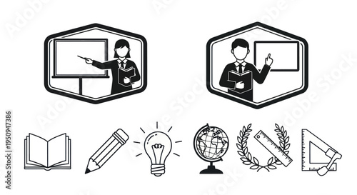 Black and White Line Art Icons for Education and Learning