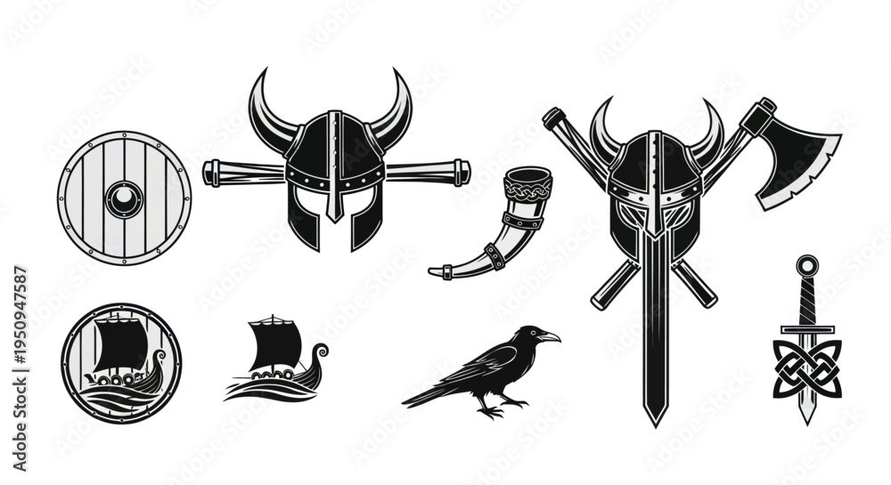 Fototapeta premium Black and White Viking Icons: Helmets, Swords, Ships, Axes, Raven, Horn
