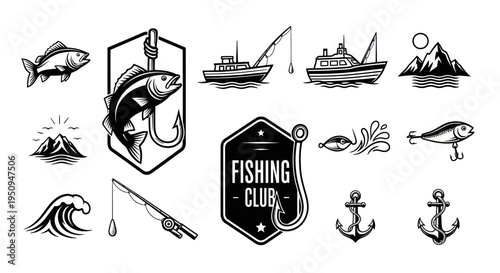 Fishing Club Vector Icons: Fish, Boat, Anchor, Rod, Lure, Wave, Mountain