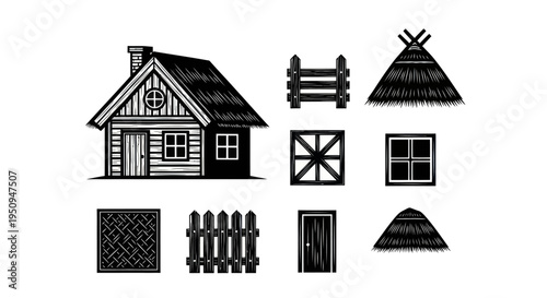 Rustic Farmhouse and Rural Elements, Black and White Vector Graphics