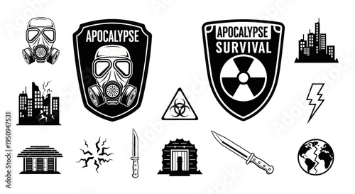 Apocalypse Survival Icons: Gas Mask, Biohazard, Knife, Ruined City, Earth