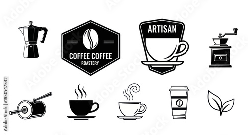 Coffee Icons: Vintage Moka Pot, Grinder, Cups, Beans, Leaves, Artisan Logo
