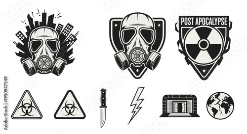 Post Apocalypse Icons Set: Gas Mask, Radiation, Biohazard, Knife, Bunker, Earth