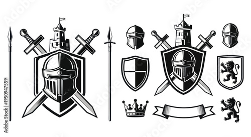 Medieval Knight Helmets, Swords, Shields, Lions, Crown, Castle Vector Icons