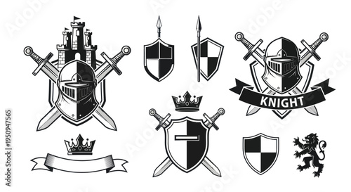 Medieval knight emblems, crests, shields, swords, castle, crown, lion