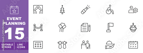 Event Planning, Party Celebration, and Management Line Icons. Editable stroke icons for wedding organizers, festival management, and corporate galas. Featuring balloons, champagne, stage curtains