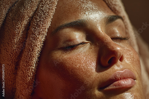 Close up of woman with glowing skin and closed eyes wrapped in towel, enjoying relaxing spa facial treatment with calm and peaceful expression
