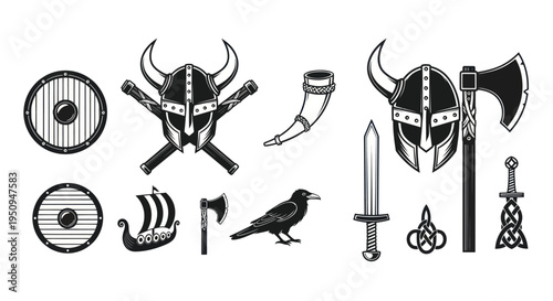 Viking Symbols Icon Set: Helmet, Axe, Sword, Ship, Crow, Horn, Shield