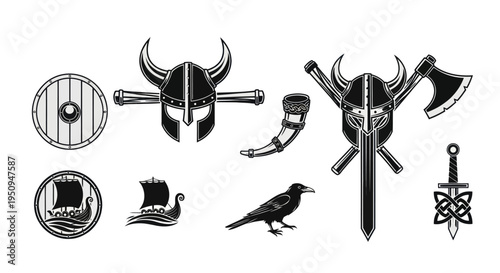 Black and White Viking Icons: Helmets, Swords, Ships, Axes, Raven, Horn