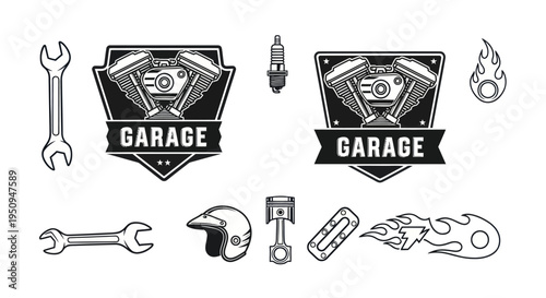 Automotive Garage Icons: V-twin Engine, Wrench, Helmet, Piston, Spark Plug