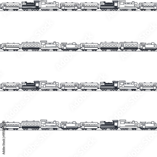 Multiple train lines with varied engine and carriage styles, some filled