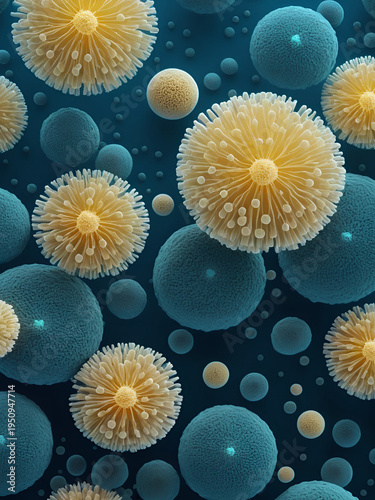 Abstract biology background, microscopic view of organic substance or cells. Candida fungi, Candida albicans, and other human pathogenic yeasts, 3D. .