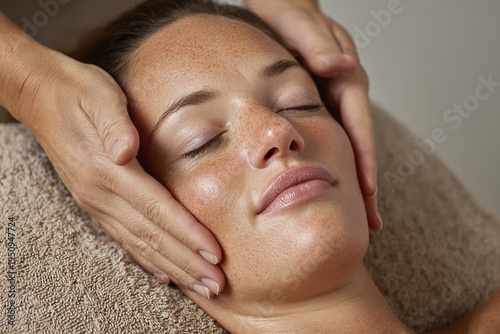 Relaxing spa facial massage treatment with woman lying down on towel, eyes closed, enjoying soothing skincare experience for glowing skin and calm expression