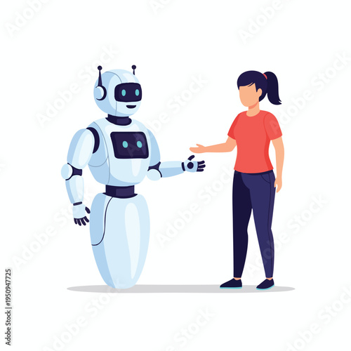 A friendly robot offers a hand to a young woman