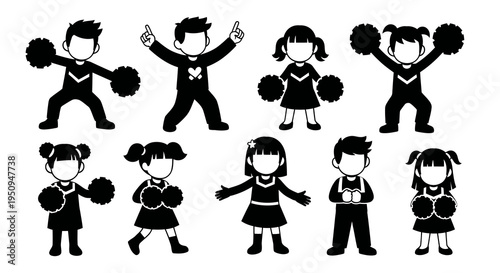 Cheerful Children with Pom-Poms, Black  White Glyph Style