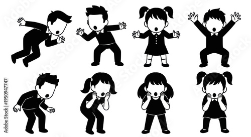 Black  White Silhouettes of Surprised Children and Adults