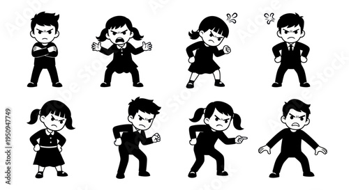 Angry Kids Black and White Line Art Vector Illustration