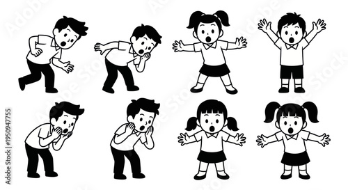 Black and White Line Art Children Expressing Surprise or Shock