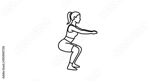 Woman doing a squat exercise, fitness, healthy lifestyle, workout, black and white line drawing
