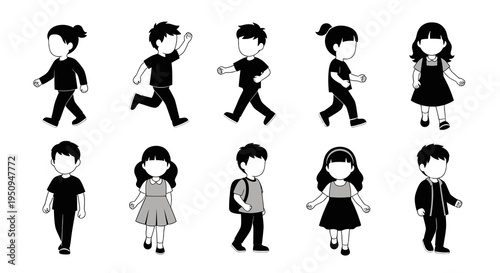 Black and White Cartoon Children Walking and Running Stock Vector
