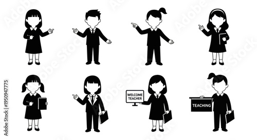 Black and White Vector Icons of Teachers or Students in Uniforms