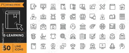 E-learning outline icon set. Editable stroke. Vector Illustration