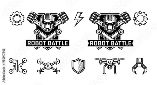 Robot Battle Icons and Logos - Technology  Sci-Fi Black  White Line Art