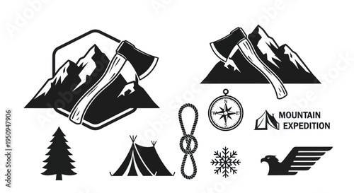 Outdoor Adventure Vector Icons: Axes, Mountains, Compass, Tent, Eagle