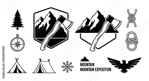 Black and White Vector Icons for Mountain Expedition and Outdoor Adventure