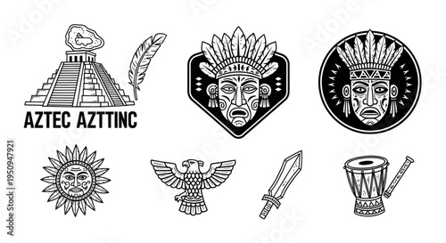 Aztec Indigenous Culture Icons: Pyramid, Feather, Face, Sun, Eagle, Sword, Drum